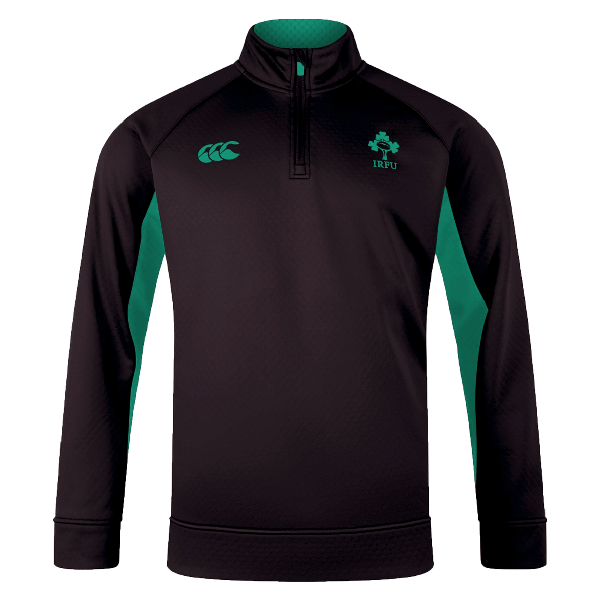 The Ireland 1/4 Zip Training Top 25/26 by Canterbury features black and green colors, IRFU and Canterbury chest logos, plus Thermoreg technology for comfort during training.