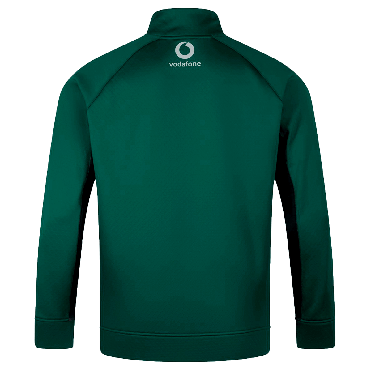 The Ireland 1/4 Zip Training Top 25/26 by Canterbury, shown from the back in dark green, displays a white &quot;vodafone&quot; logo near the collar and features Thermoreg technology for comfort during workouts.