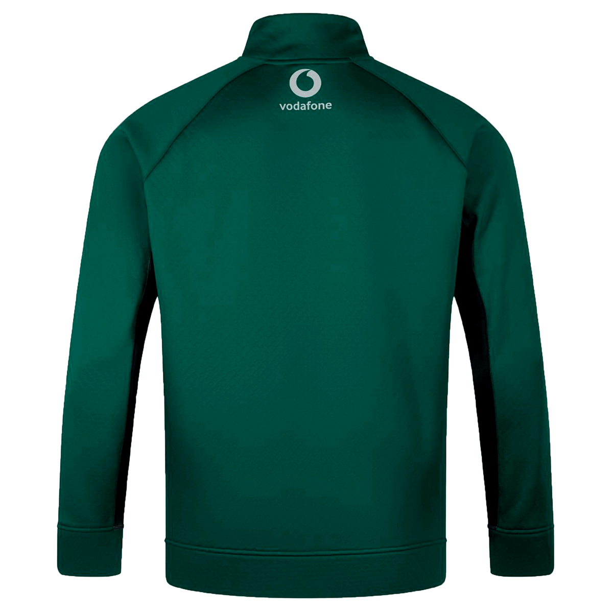The Ireland 1/4 Zip Training Top 25/26 by Canterbury, shown from the back in dark green, displays a white "vodafone" logo near the collar and features Thermoreg technology for comfort during workouts.