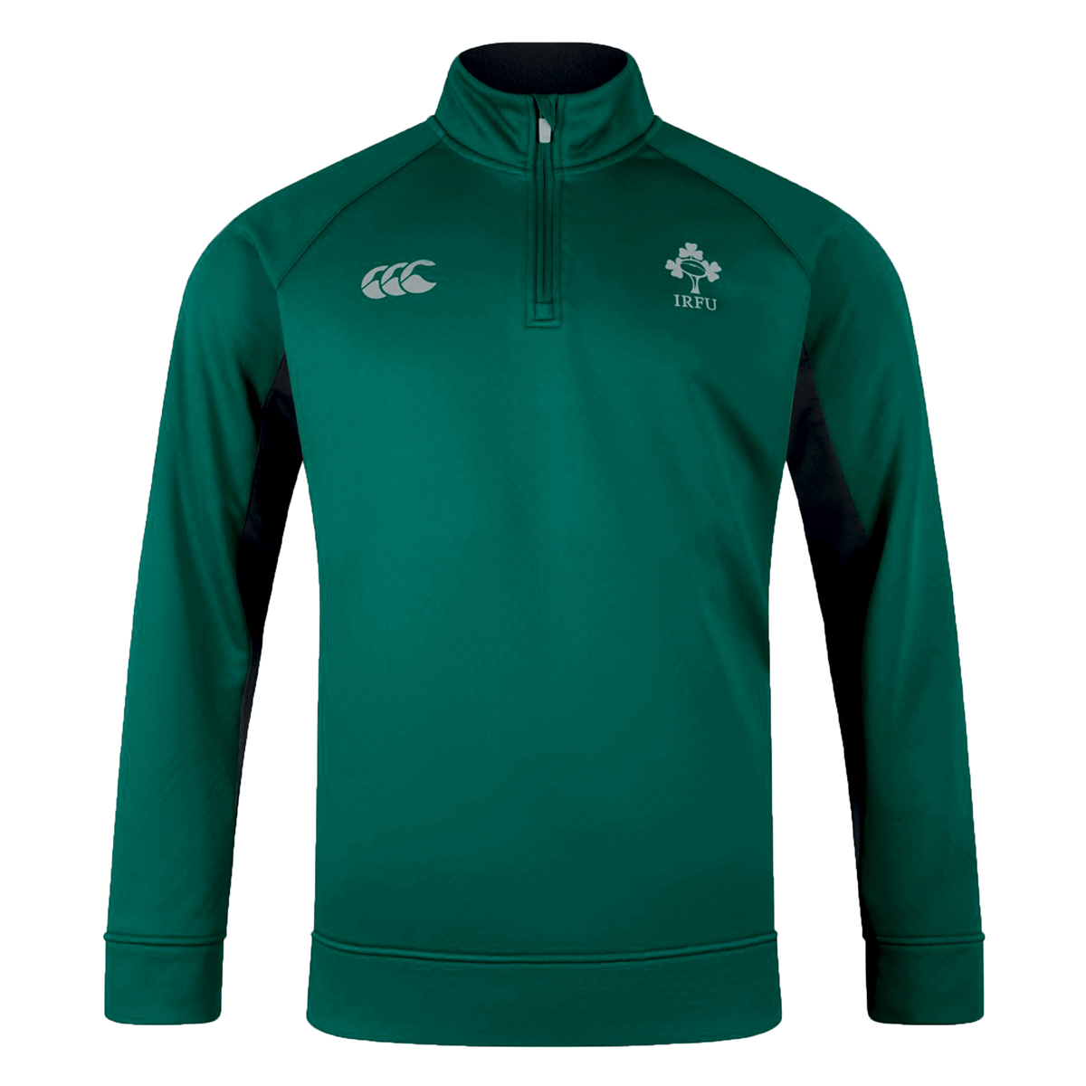 Stay warm in the Ireland 1/4 Zip Training Top 25/26 by Canterbury, featuring Thermoreg technology, a green long sleeve design, and the IRFU crest on the chest.