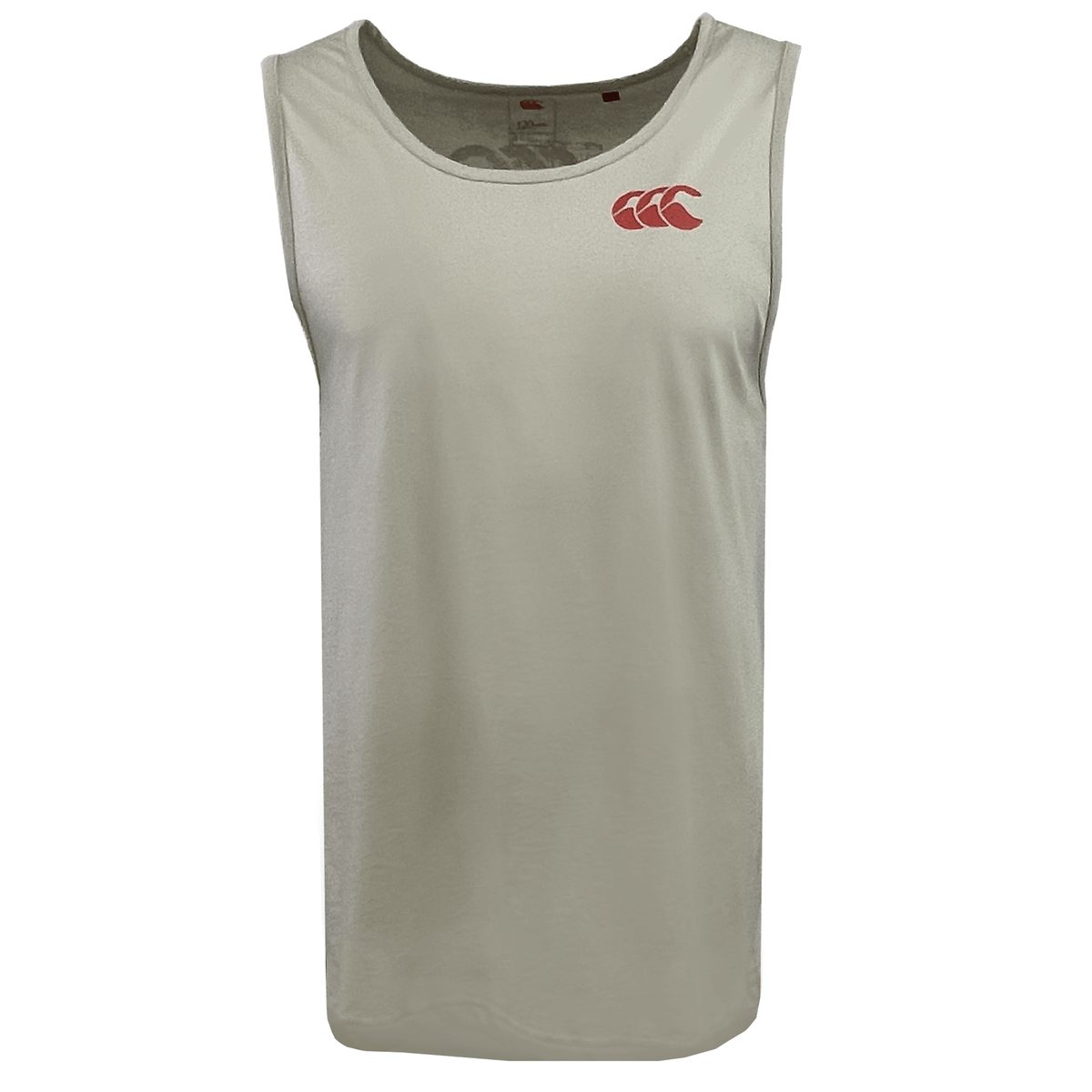 White sleeveless singlet with a red Canterbury logo on the upper left side, ideal for pairing with any festive ensemble from your Christmas Pack Back Print Singlet by Canterbury.