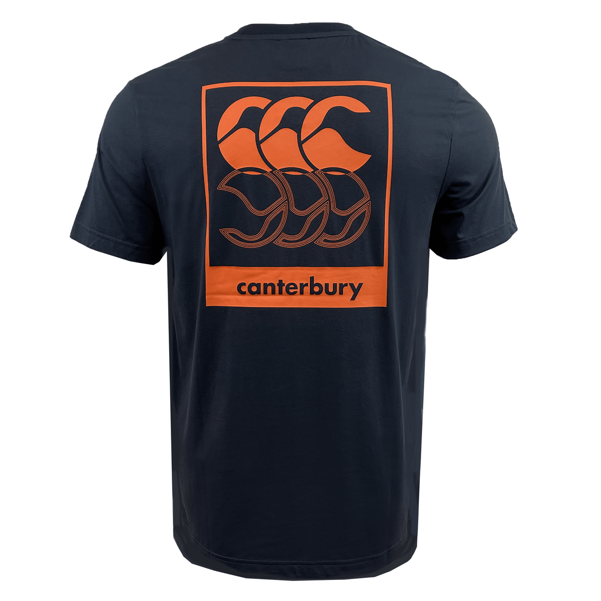 The Canterbury Radial CCC Back Print T-Shirt is a black t-shirt with an orange square logo on the back, featuring the Canterbury brand name and stylized letter &quot;C&quot; design. This relaxed fit tee combines comfort and style in one classic piece.