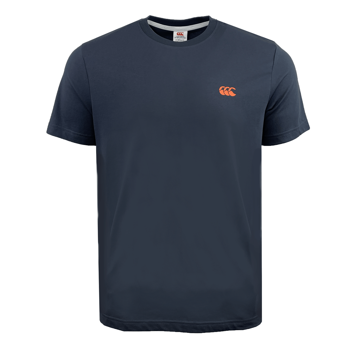 The Canterbury Radial CCC Back Print T-Shirt by Canterbury features a plain navy blue design with a small orange logo on the left side of the chest, and offers a relaxed fit for both comfort and style.
