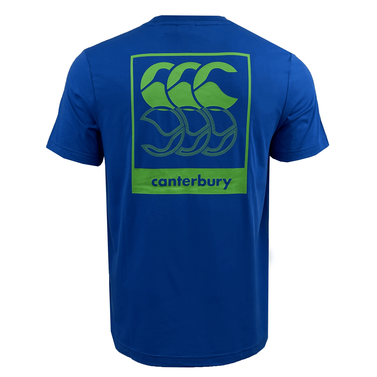 The back view of the Canterbury Radial CCC Back Print T-Shirt in blue showcases a large, vibrant green and blue logo with three overlapping shapes, accompanied by the text &quot;Canterbury&quot; beneath it. This relaxed fit tee offers both comfort and style, making it perfect for any occasion.