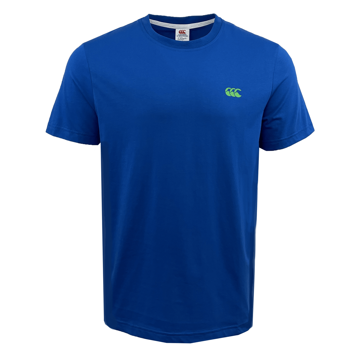The Canterbury Radial CCC Back Print T-Shirt by Canterbury is a plain blue, relaxed fit tee featuring a small green logo on the left chest.