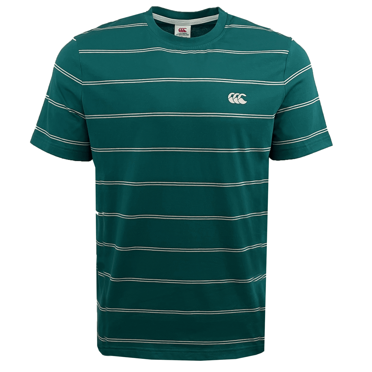 The Canterbury Fundamental Stripe T-Shirt by Canterbury, part of the Fundamentals Collection, boasts a stylish green striped design and a sleek circular logo on the left chest.