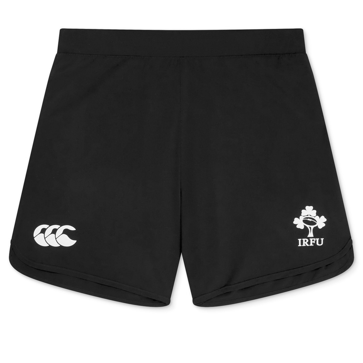 The Women&#39;s Ireland 25/26 Woven Gym Short by Canterbury features the Canterbury logo and IRFU shamrock, making it ideal for Ireland rugby gym sessions.