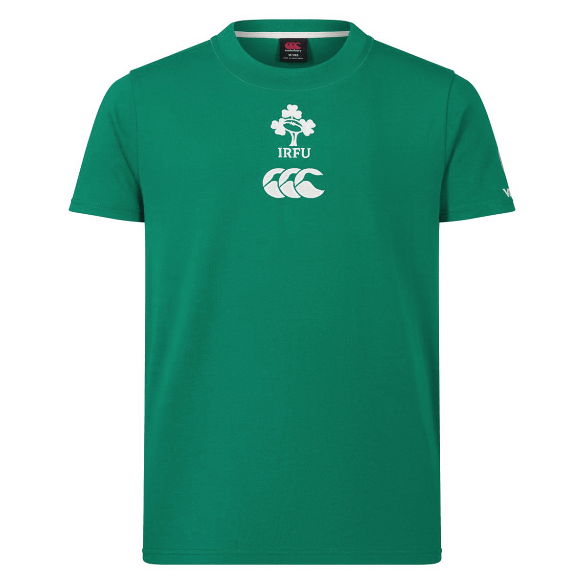 The Youth Ireland 24 Team Cotton T-Shirt by Canterbury is made from organic cotton and features the IRFU and rugby symbols printed in white on the front.