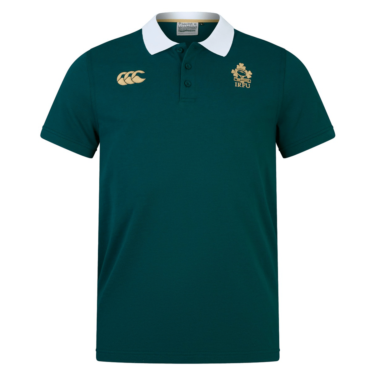Commemorating 150 years of Irish rugby, the Ireland 150th Anniversary Polo by Canterbury features a green design with a white collar and chest logos, ideal for enthusiastic rugby supporters.