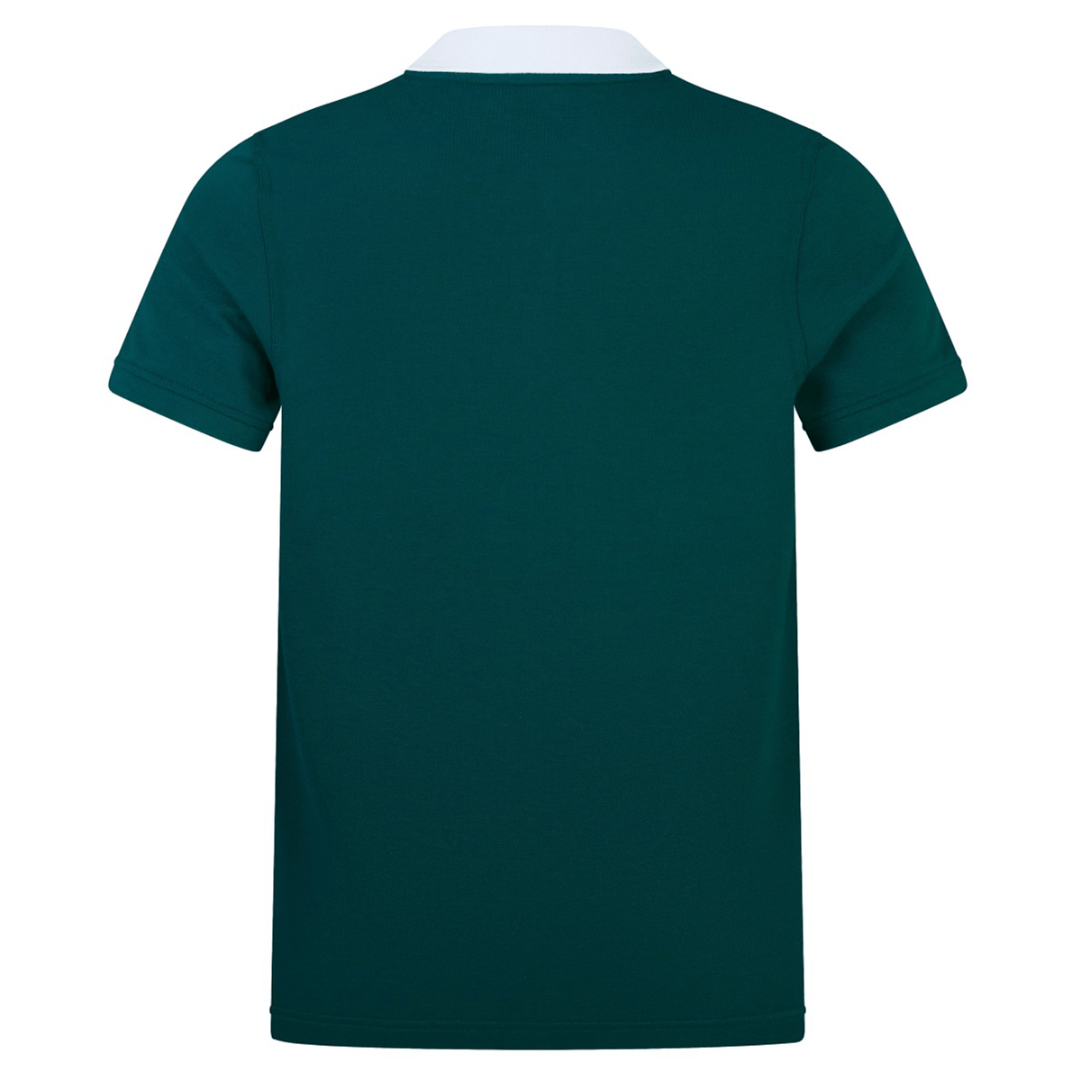 Back view of the Ireland 150th Anniversary Polo by Canterbury: a short-sleeve green shirt featuring a white collar, crafted for devoted rugby fans.