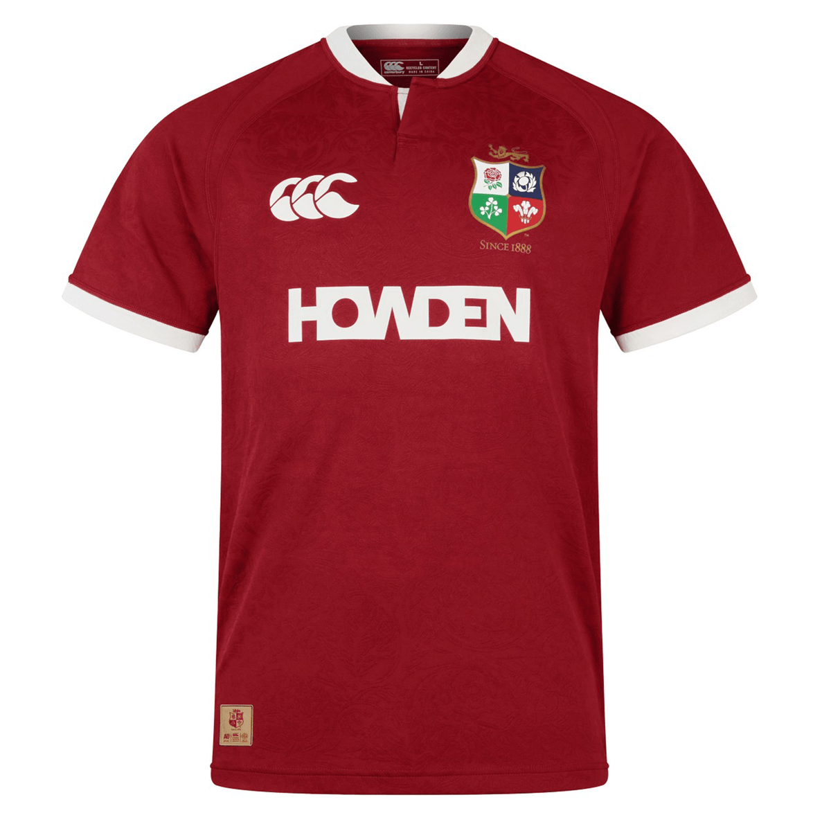 The British &amp; Irish Lions 2025 Players Jersey by Canterbury boasts a red design accented with a white collar and sleeve trim. It features "HOWDEN" and logo designs on the front, with moisture-wicking fabric to ensure comfort as you cheer for your favorite team.