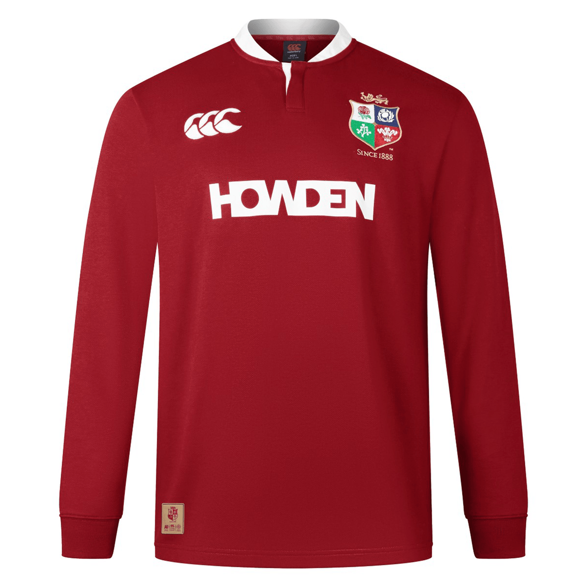 The British &amp; Irish Lions 2025 Long Sleeve Classic Jersey by Canterbury is a red rugby jersey featuring a white collar and "HOWDEN" in white text on the front. It includes an embroidered logo on the left chest with a shield and three green leaves. Made from moisture-wicking fabric, this jersey ensures comfort.