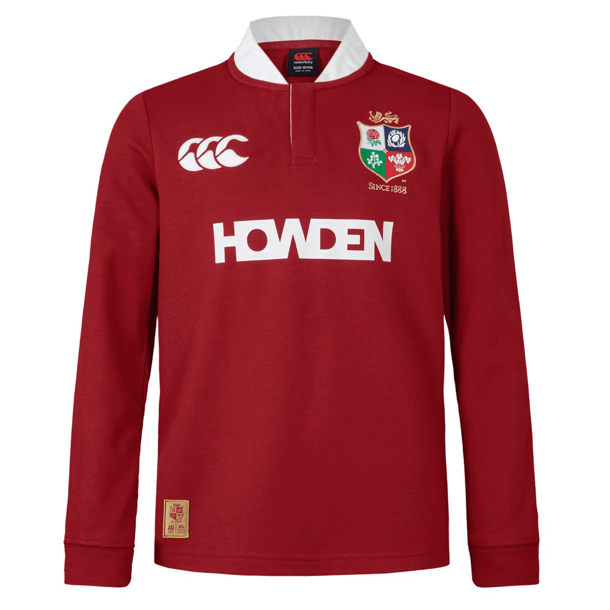 Youth British &amp; Irish Lions 2025 Long Sleeve Classic Jersey by Canterbury: A long sleeve red rugby jersey with white collar, chest logos including &quot;HOWDEN&quot; sponsor and lion emblem, crafted from moisture-wicking fabric for comfort.