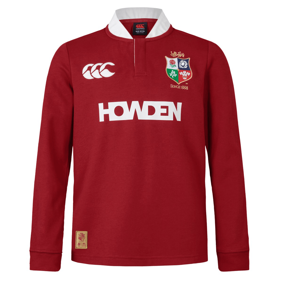 Youth British &amp; Irish Lions 2025 Long Sleeve Classic Jersey by Canterbury: A long sleeve red rugby jersey with white collar, chest logos including "HOWDEN" sponsor and lion emblem, crafted from moisture-wicking fabric for comfort.