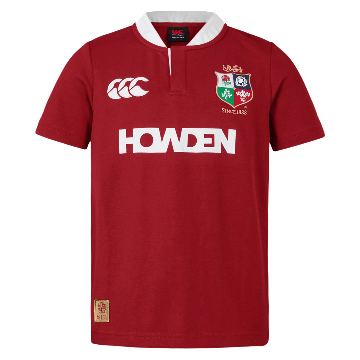 The Youth British &amp; Irish Lions 2025 Classic Jersey by Canterbury is a red rugby jersey with a white collar and short sleeves. It features the CCC logo on the right, four crests on the left, and "HOWDEN" in bold white, celebrating the storied legacy of the team.