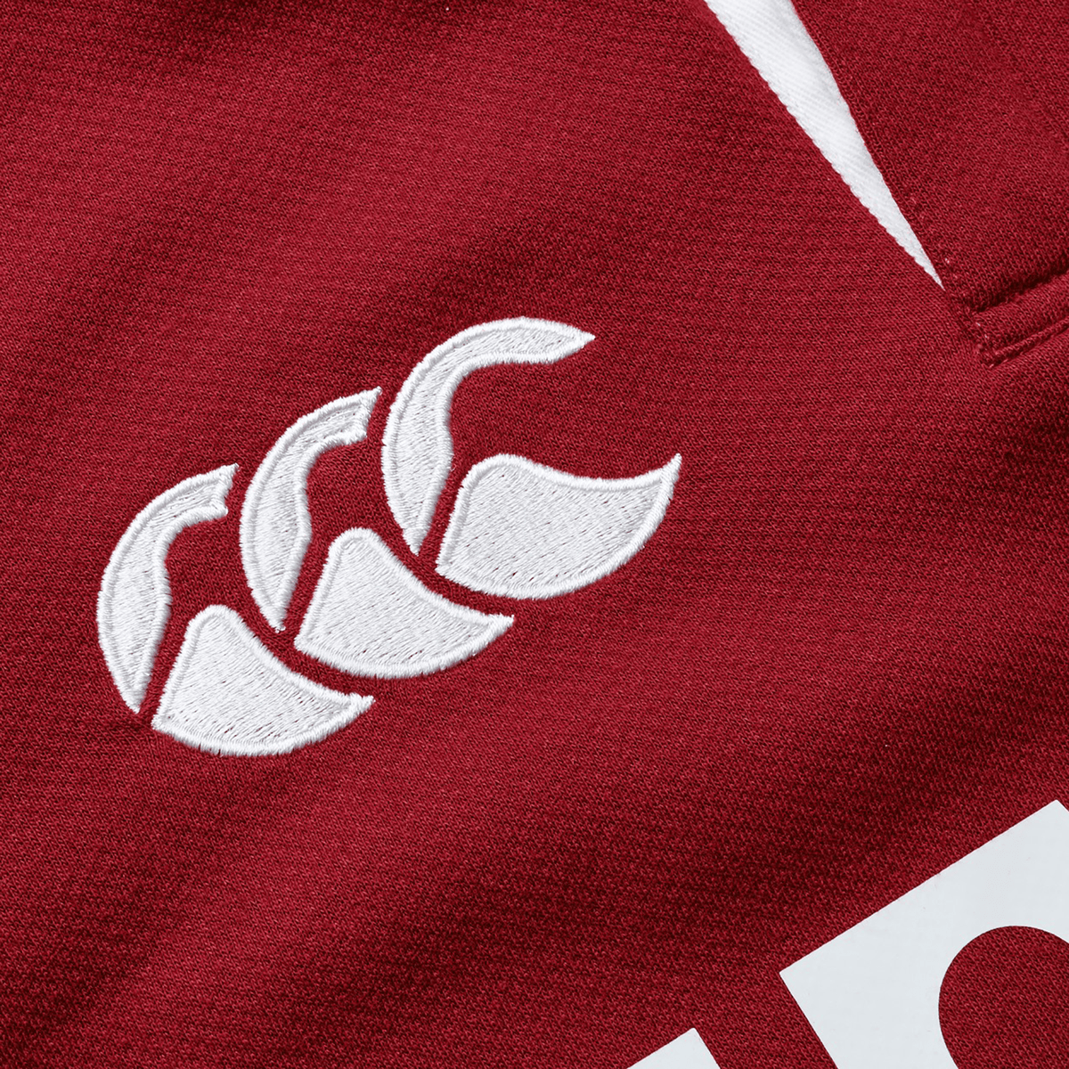 Close-up of the Youth British &amp; Irish Lions 2025 Classic Jersey by Canterbury, short sleeve, in classic red with a white embroidered logo featuring three overlapping curves. Ideal for fans seeking timeless style.