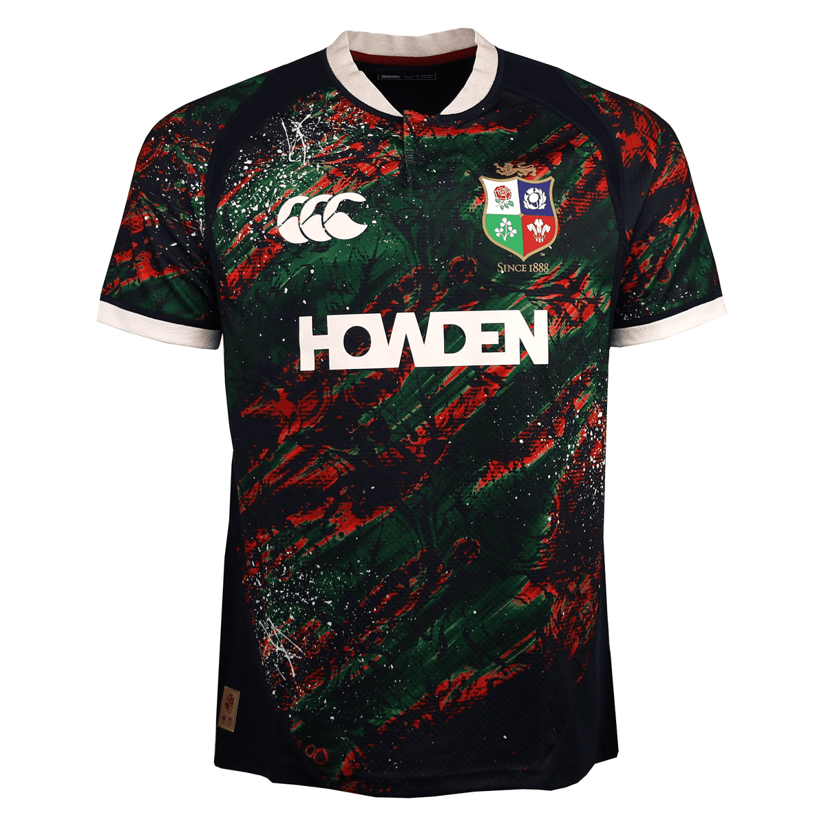 The Canterbury British &amp; Irish Lions 2025 Replica Warm Up Jersey features an athletic fit with a colorful abstract pattern, white trim, HOWDEN logo, and a shield emblem on the front. It&#39;s made from moisture-wicking fabric for comfort during play.