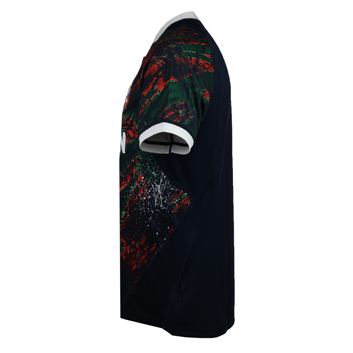 The Canterbury British &amp; Irish Lions 2025 Replica Warm Up Jersey showcases abstract red and green patterns on navy and black, with a white collar and sleeve trim. Crafted from moisture-wicking fabric, it offers an athletic fit for peak performance.