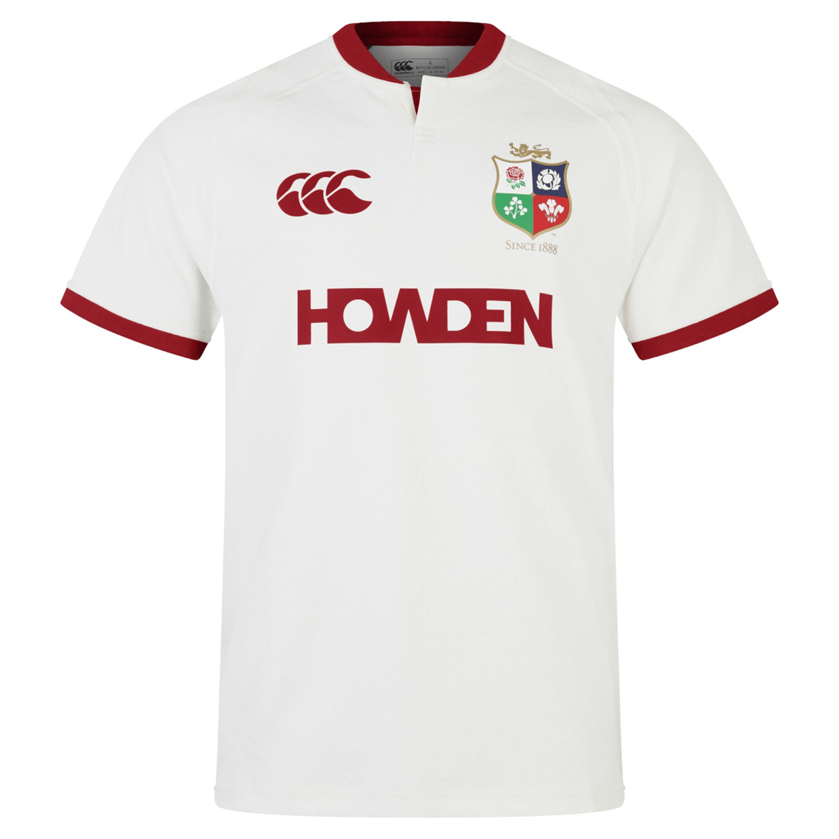 The British &amp; Irish Lions 2025 Training Jersey by Canterbury is a white rugby jersey accented with red, showcasing the iconic British and Irish Lions crest. It features the "Howden" sponsor logo alongside the Canterbury brand logo. This replica training jersey is made from recycled polyester, offering an eco-friendly touch.