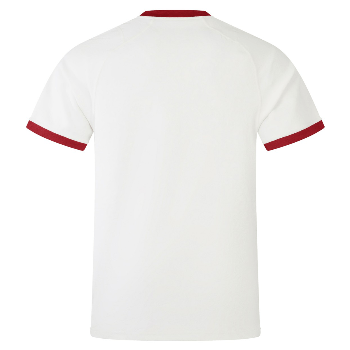 The British &amp; Irish Lions 2025 Training Jersey by Canterbury boasts a traditional white design with red collar and sleeve cuffs, making it ideal for demonstrating your support for the team. From the back view, it emphasizes a sporty yet chic look.
