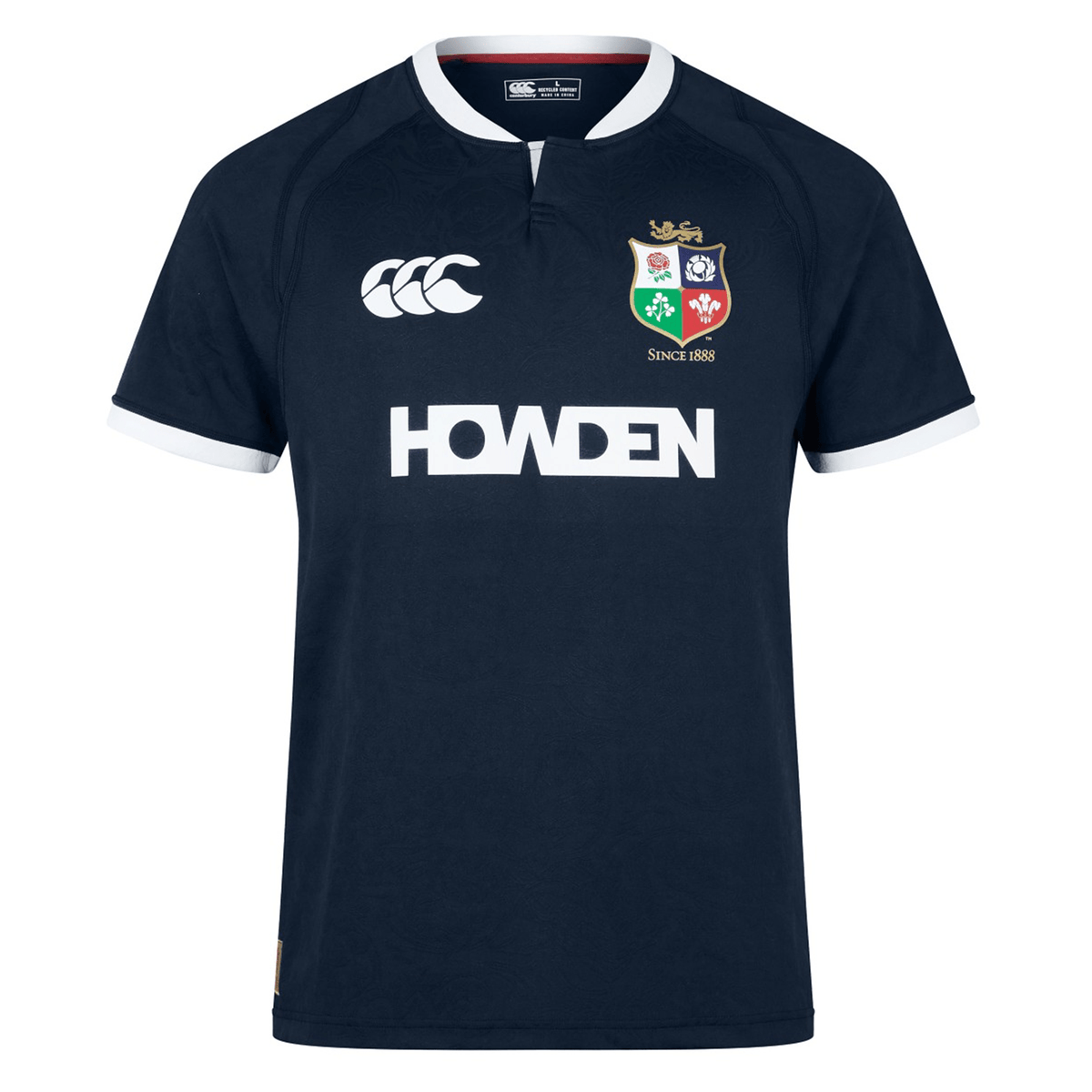 British &amp; Irish Lions 2025 Training Jersey by Canterbury in navy blue, featuring a white collar and trim, the British &amp; Irish Lions logo, anatomically positioned panels, Canterbury branding, and the "HOWDEN" text on the front.