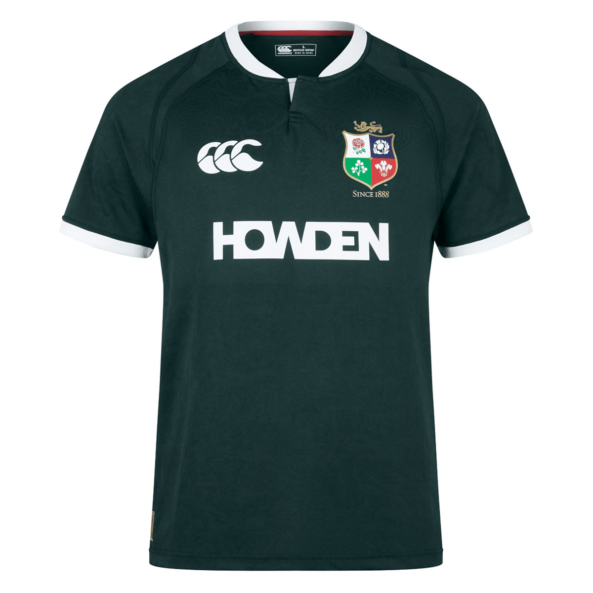 The British &amp; Irish Lions 2025 Training Jersey by Canterbury boasts a green design featuring the "HOWDEN" logo on the front, a white collar, and iconic British &amp; Irish Lions crests. Crafted from recycled polyester, this replica jersey offers style and sustainability for fans passionate about rugby and environmental preservation.