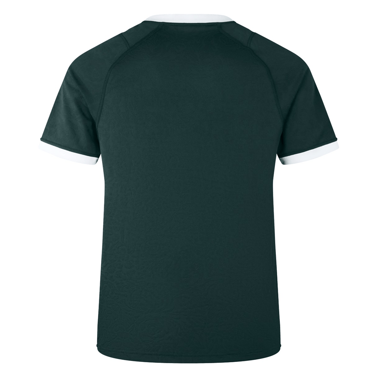 Rear view of the British &amp; Irish Lions 2025 Training Jersey by Canterbury, a dark green short-sleeved shirt made from recycled polyester, with distinctive white trim on the sleeves and collar.