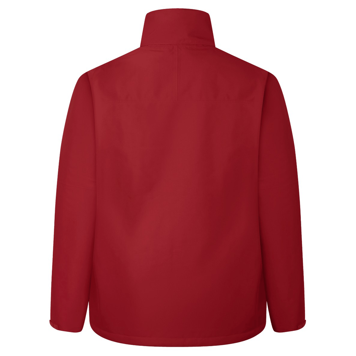The British &amp; Irish Lions 2025 Waterproof Jacket by Canterbury showcases a plain red design, displayed from the back with a high collar and long sleeves.