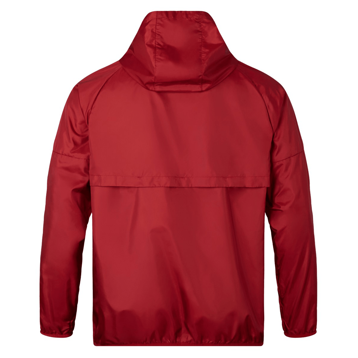 The British &amp; Irish Lions 2025 Lightweight Rain Jacket by Canterbury, a water-resistant red jacket with a hood, viewed from the back, perfect for rugby enthusiasts.