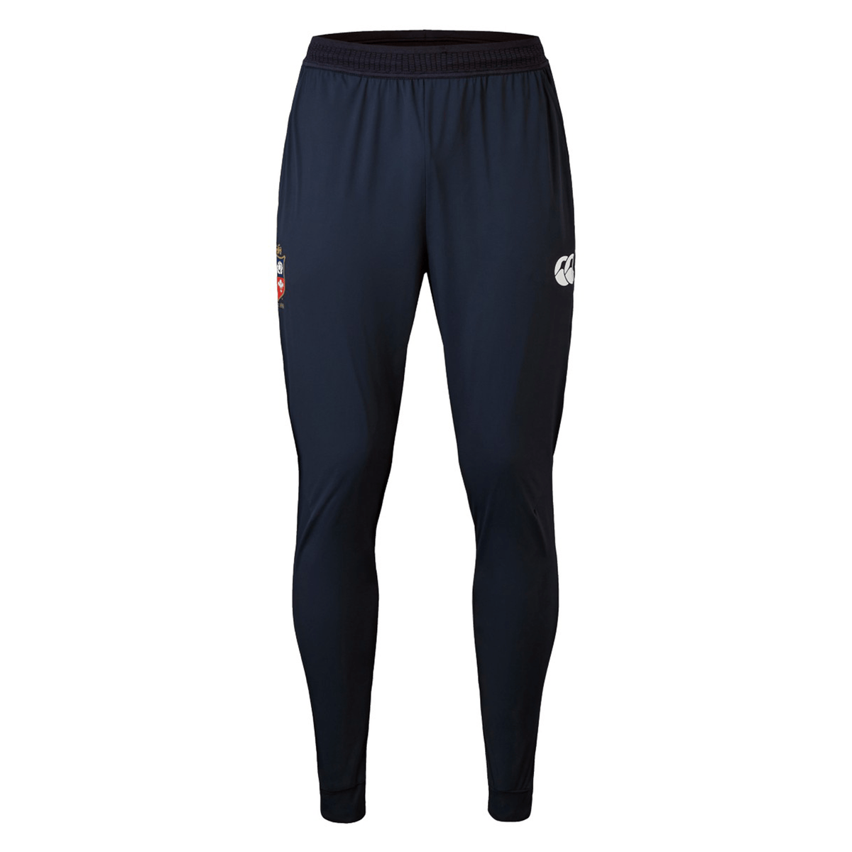 The British &amp; Irish Lions 2025 Everest Woven Pant by Canterbury, in navy blue, features a small logo on the left thigh and another on the right. With an elastic waistband and a tapered fit, these pants offer quick-drying comfort and flexibility ideal for fans of dynamic sports like those played by the team.