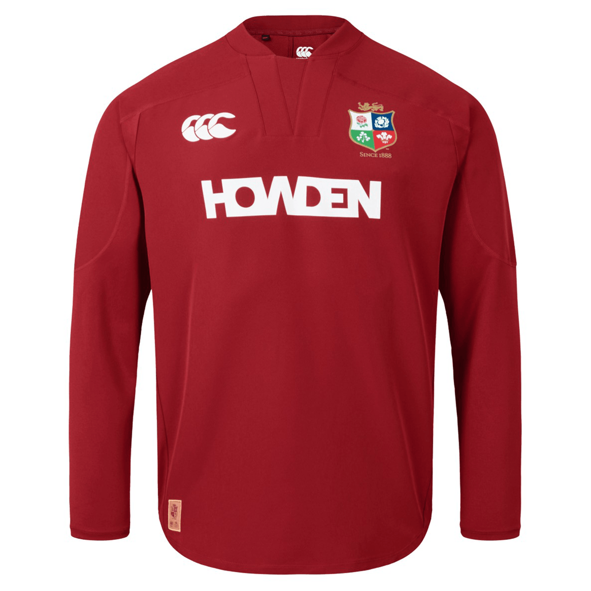 The British &amp; Irish Lions 25 Drill Top by Canterbury is a red sports jersey featuring a "Howden" logo and three embroidered crests on the upper chest. It includes water-resistant panels, making it ideal for any true British &amp; Irish Lions fan who values both style and practicality.