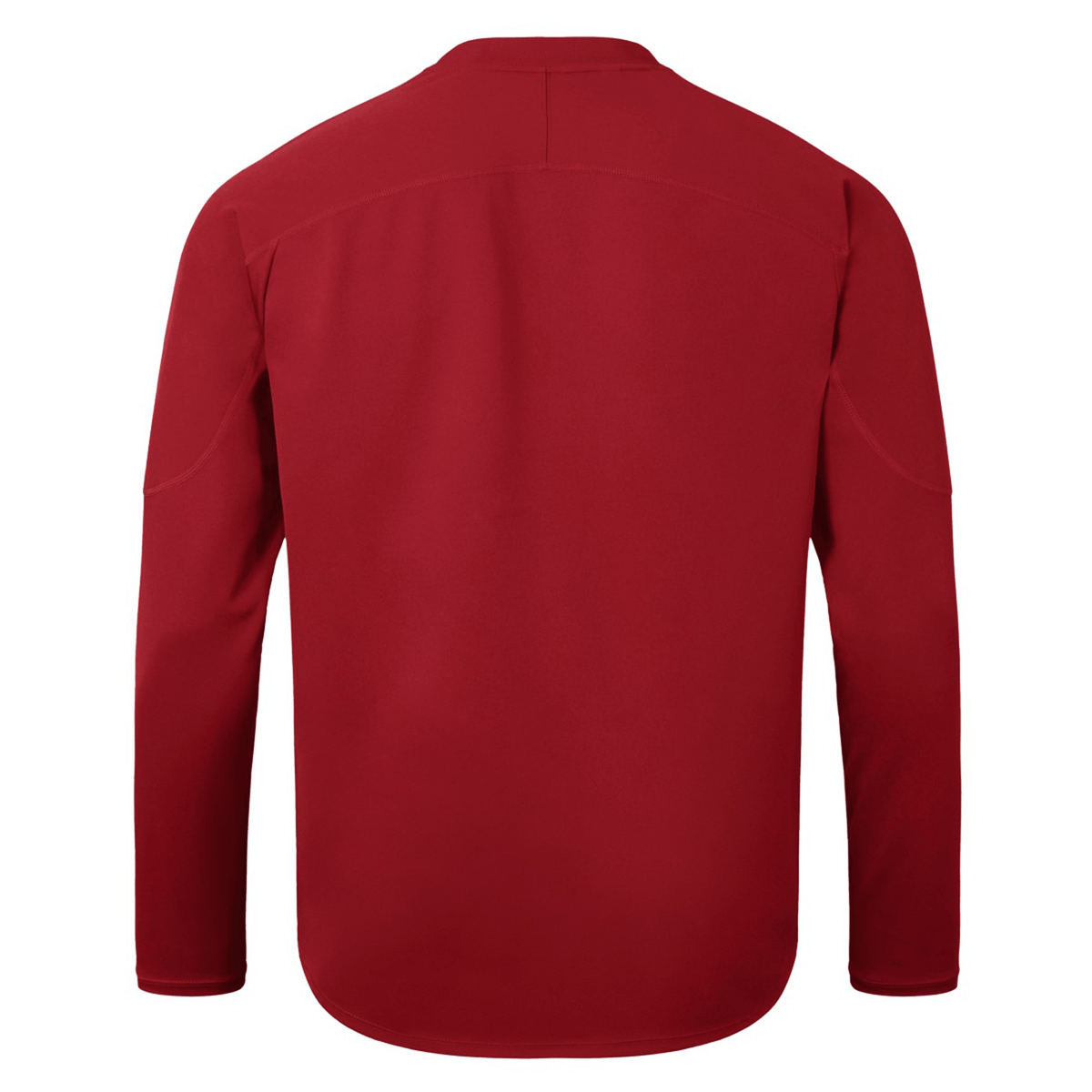 Back view of the long-sleeve British &amp; Irish Lions 25 Drill Top by Canterbury, in a plain red design with a crew neck, featuring water-resistant panels for extra protection.