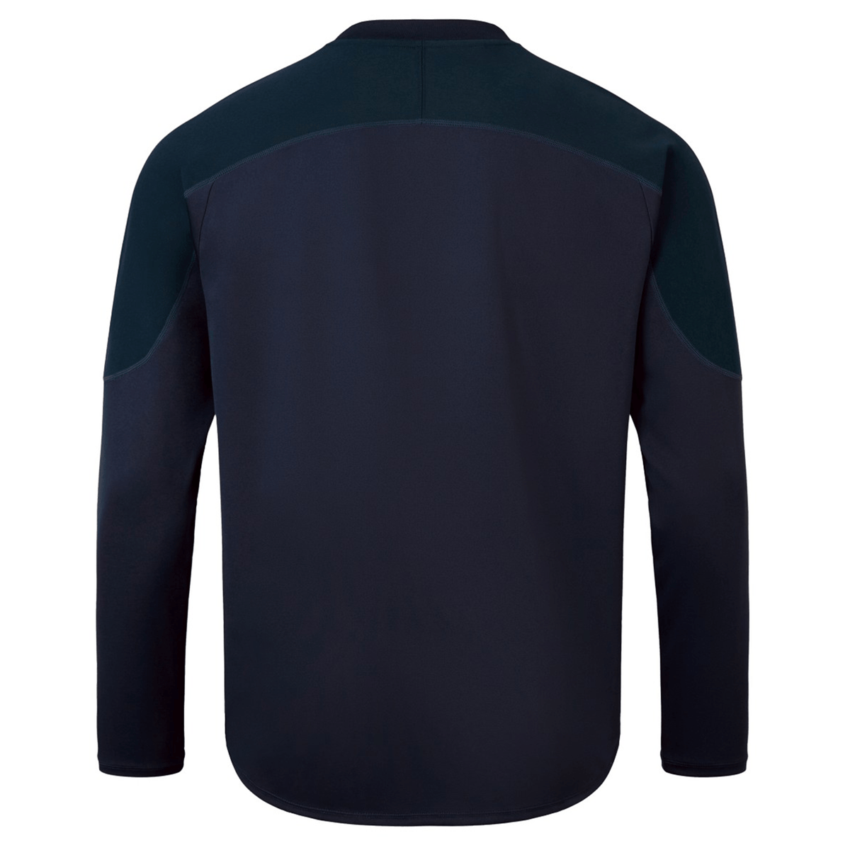 Rear view of the British &amp; Irish Lions 25 Drill Top by Canterbury in navy blue, featuring long sleeves and dark shoulder panels, made from water-resistant fabric.