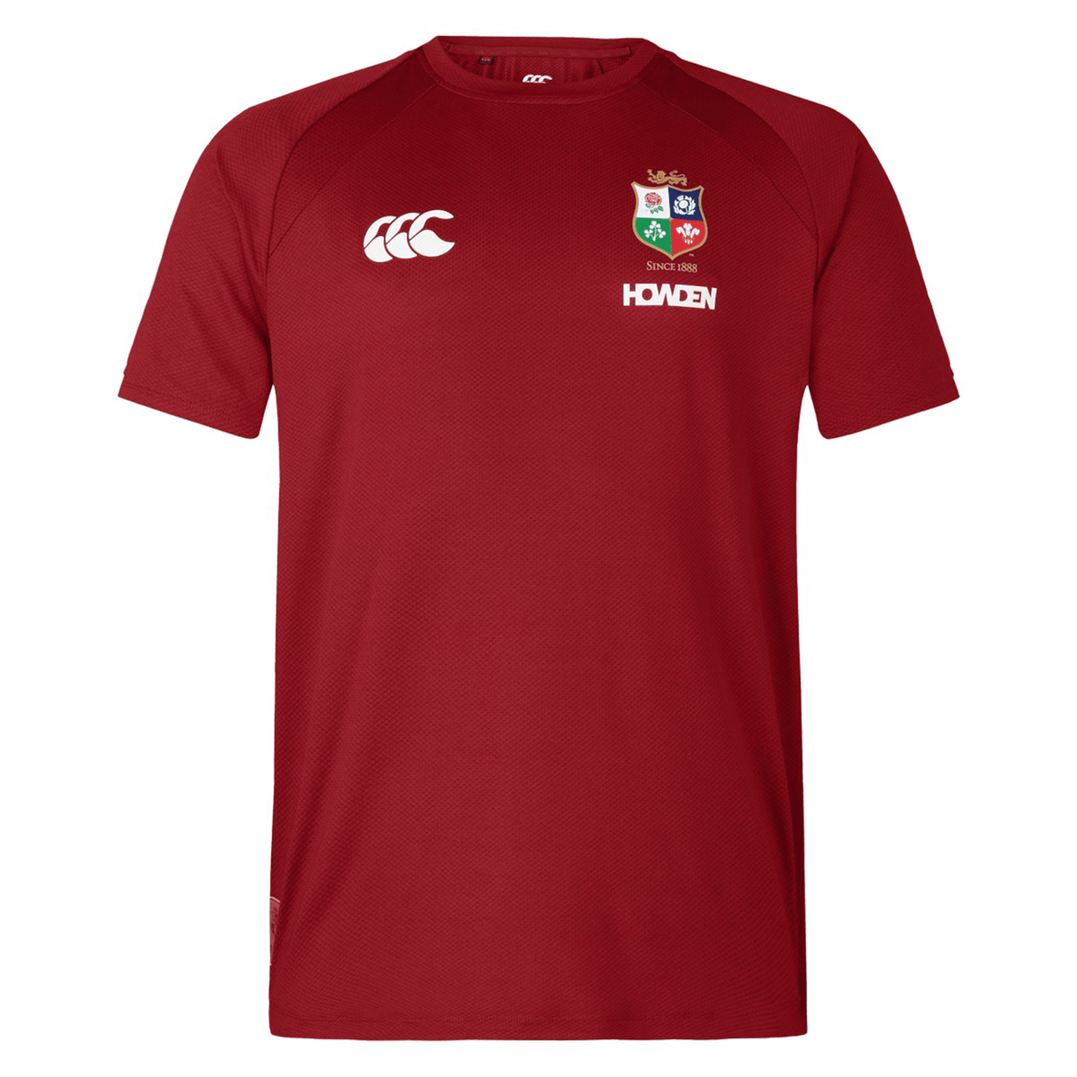 The British &amp; Irish Lions 25 Everest Tee by Canterbury boasts a vibrant red hue, embellished with the Canterbury logo, the "HOWDEN" text, and the iconic British &amp; Irish Lions crest on the front.