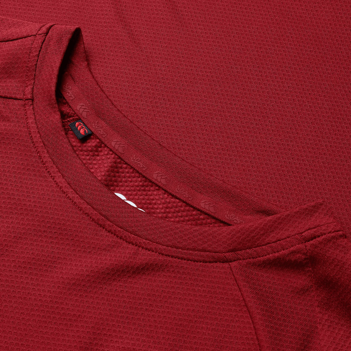 Close-up of a red textured fabric with a round neckline, reminiscent of the classic style seen in the British &amp; Irish Lions 25 Everest Tee by Canterbury.