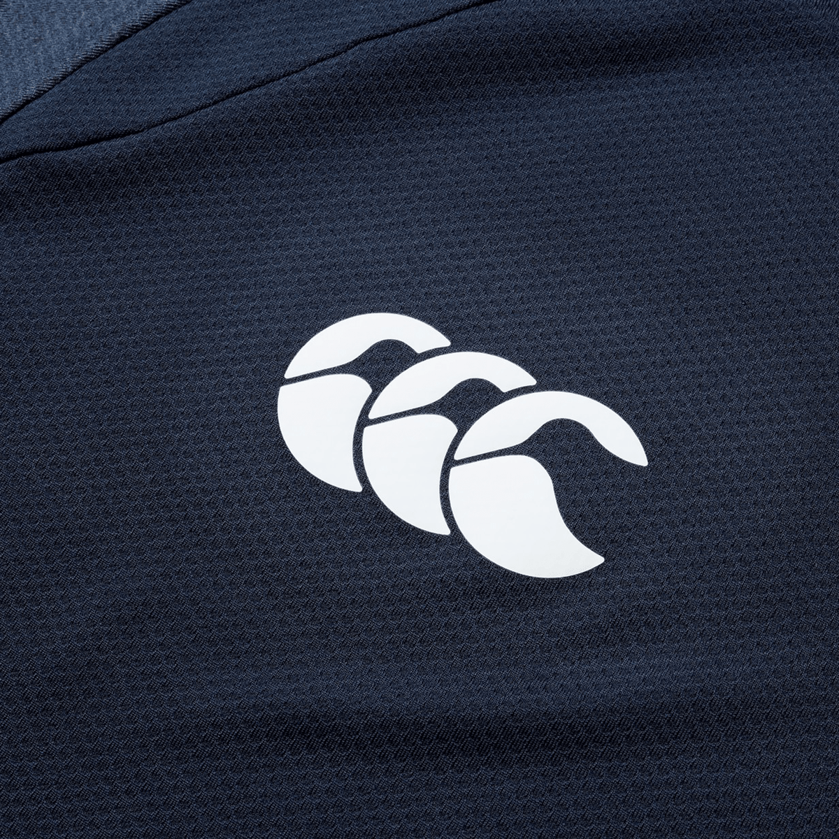 Close-up of a navy textile from the British &amp; Irish Lions 25 Everest Tee by Canterbury, featuring a white, stylized three-wave logo in the center.