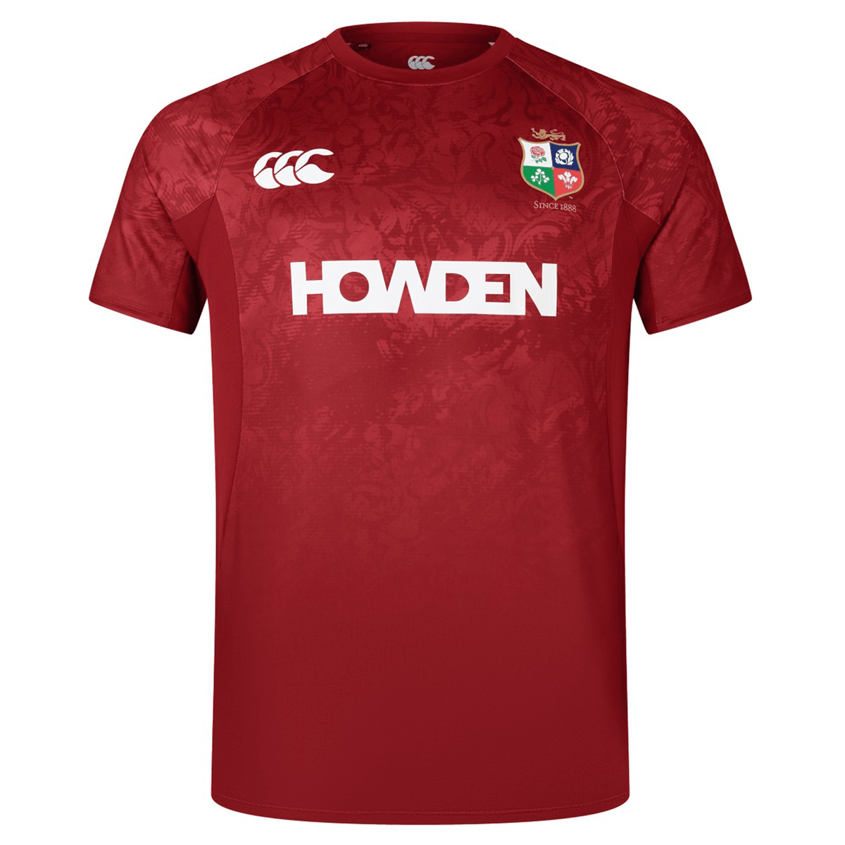 The British &amp; Irish Lions 25 Superlight Training Tee by Canterbury is a red rugby jersey adorned with the &quot;HOWDEN&quot; logo, featuring the iconic white lion and shamrock crests alongside Canterbury&#39;s renowned emblem. This tee perfectly combines traditional elements with advanced sportswear technology, making it ideal for fans of the British &amp; Irish Lions.