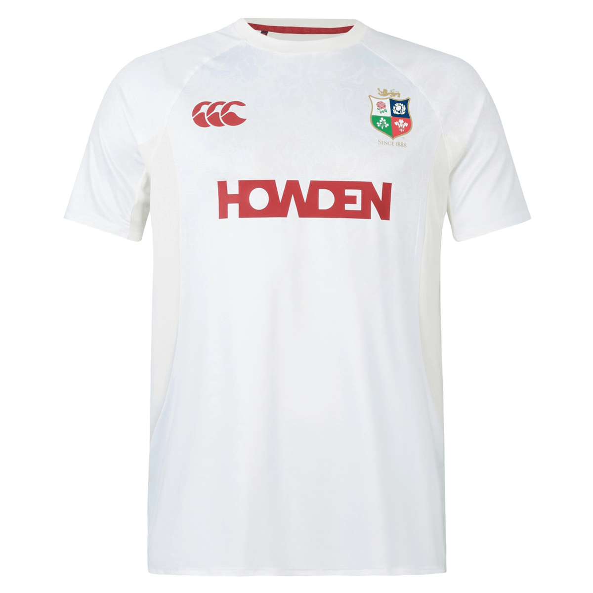The British &amp; Irish Lions 25 Superlight Training Tee by Canterbury is a white sports jersey adorned with the red &quot;Howden&quot; logo, the iconic Canterbury insignia, and a four-shield emblem on the chest.