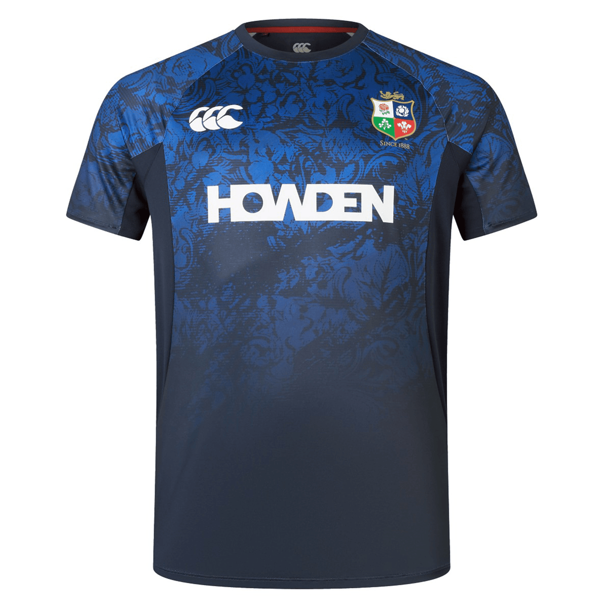 The British &amp; Irish Lions 25 Superlight Training Tee by Canterbury is a blue and black rugby jersey adorned with a floral pattern and branding logos on the chest. With its short sleeves, this design combines style and functionality, making it ideal for fans of the British &amp; Irish Lions.