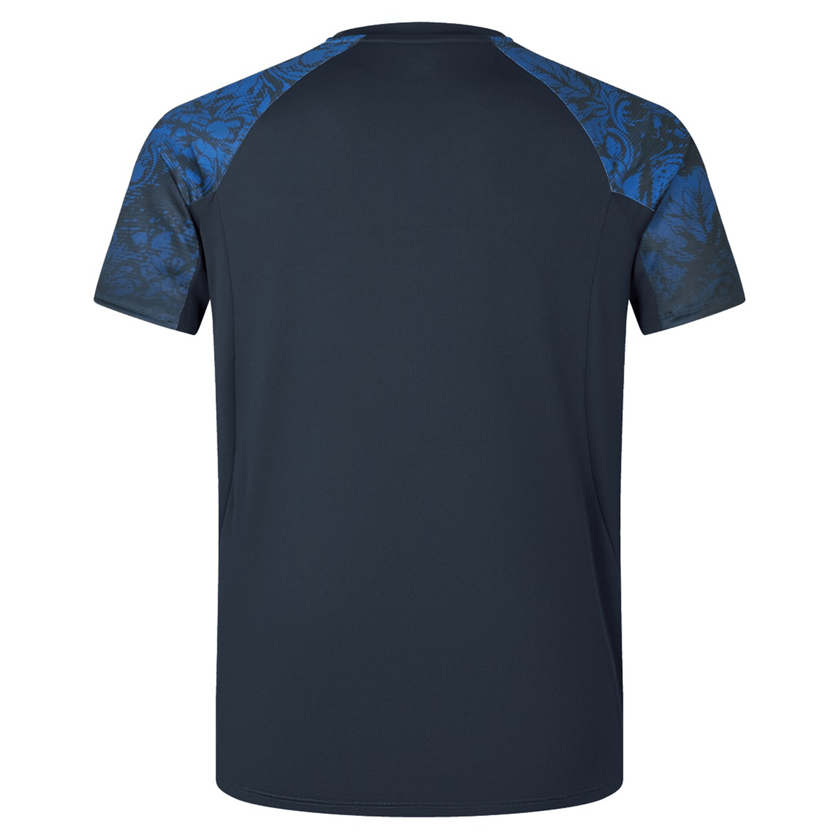 Back view of a British &amp; Irish Lions 25 Superlight Training Tee by Canterbury in navy, featuring blue patterned sleeves.