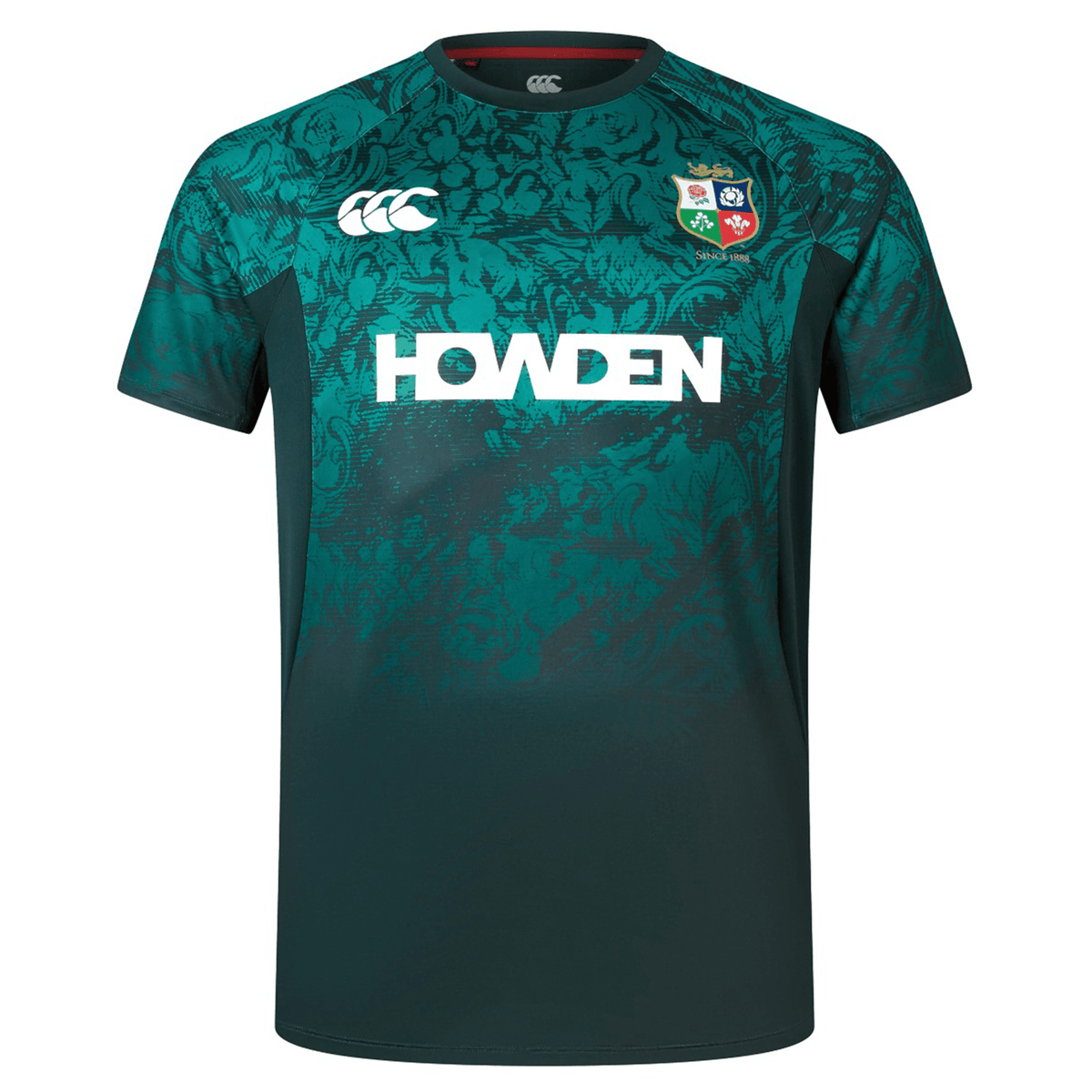 The British &amp; Irish Lions 25 Superlight Training Tee by Canterbury is a green and teal sports jersey adorned with the Howden logo, the Canterbury logo, and a multi-colored crest featuring four emblems. It perfectly embodies the spirit of the British &amp; Irish Lions.