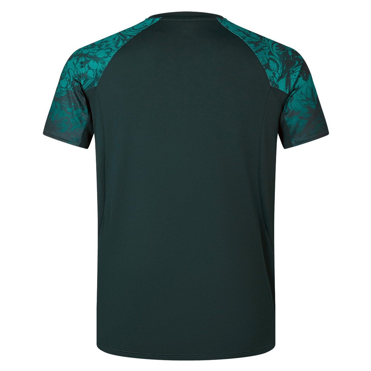 Back view of the British &amp; Irish Lions 25 Superlight Training Tee by Canterbury in dark green, showcasing teal patterned shoulders and sleeves with a classic Canterbury raglan design.