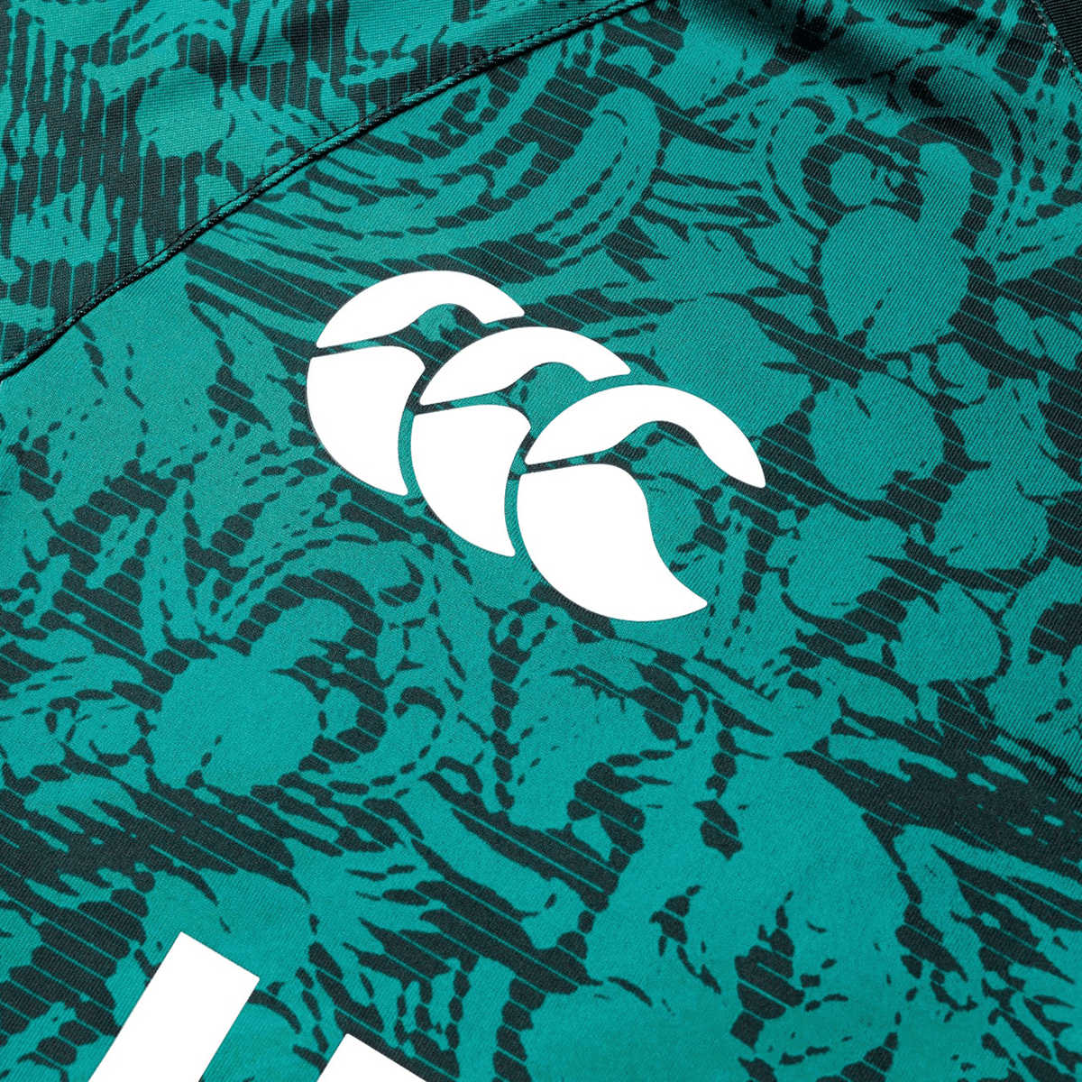 A close-up of the British &amp; Irish Lions 25 Superlight Training Tee by Canterbury in green and black, showcasing a white logo with three overlapping shapes.