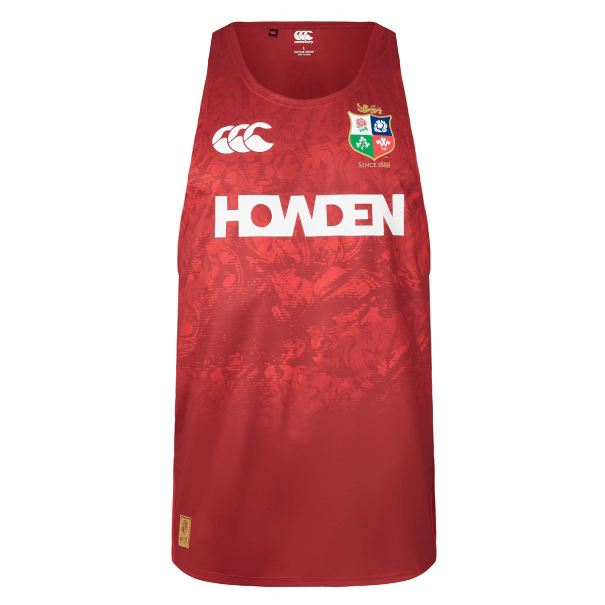 This red British &amp; Irish Lions 25 Poly Singlet by Canterbury seamlessly combines tradition with style, featuring "HOWDEN" and the Canterbury logo in white. It proudly displays a lion emblem alongside national crests, capturing the essence of the British &amp; Irish Lions spirit.