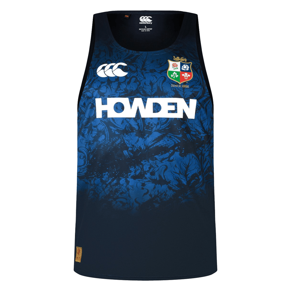 The British &amp; Irish Lions 25 Poly Singlet by Canterbury features a striking floral pattern in blue and black, adorned with the iconic Canterbury logo, the word "Howden," and a unique shield displaying four animal symbols. It's an excellent choice for fans of the British &amp; Irish Lions.