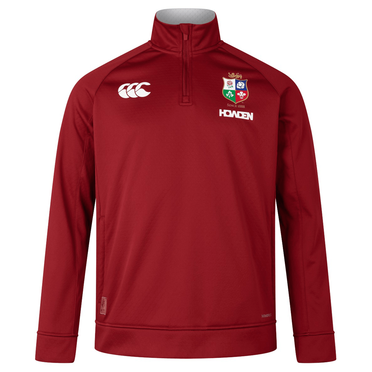 A British &amp; Irish Lions 2025 1/4 Zip Fleece by Canterbury in red, showcasing logos on the chest including the iconic British &amp; Irish Lions emblem and the word &quot;Haven.