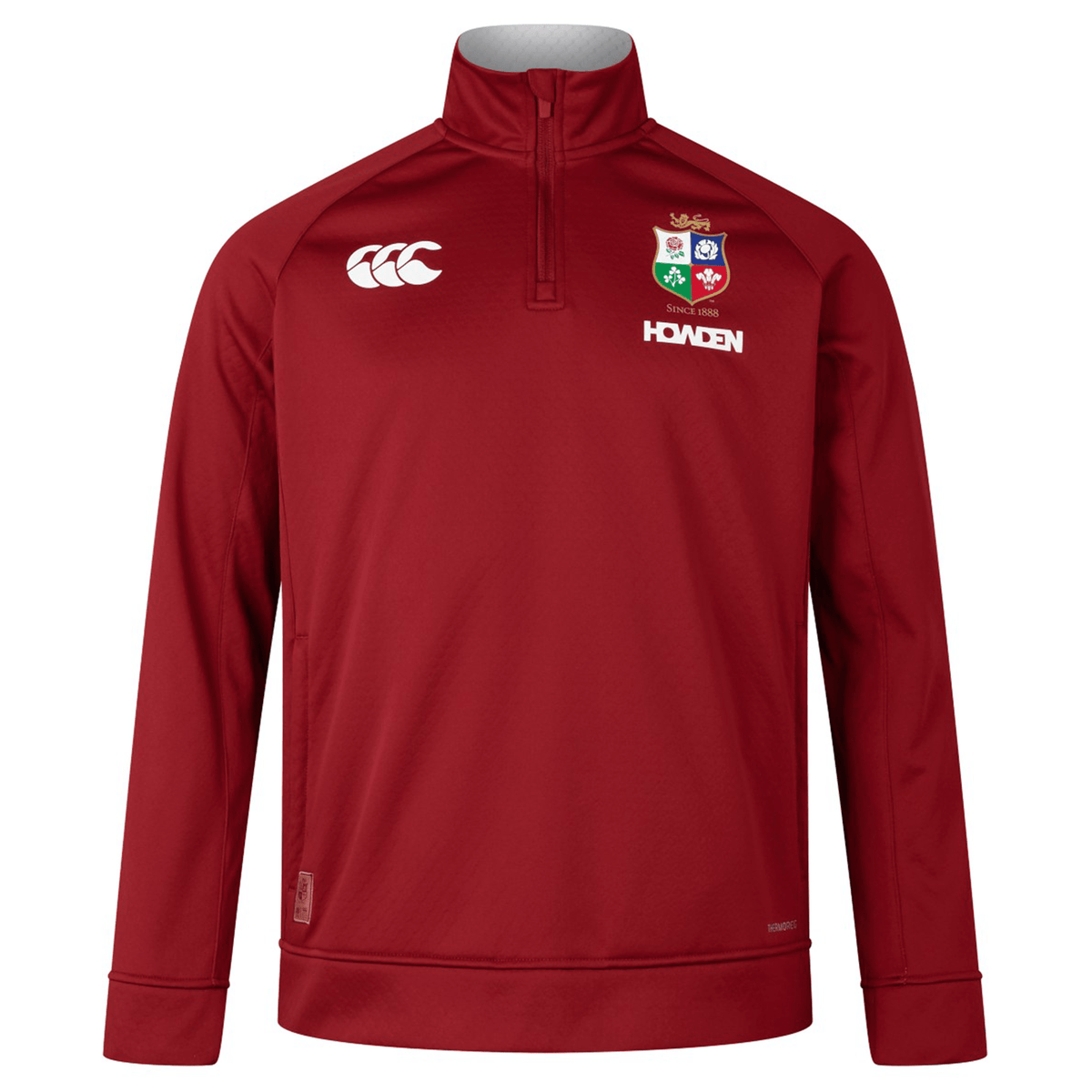 A British &amp; Irish Lions 2025 1/4 Zip Fleece by Canterbury in red, showcasing logos on the chest including the iconic British &amp; Irish Lions emblem and the word "Haven.