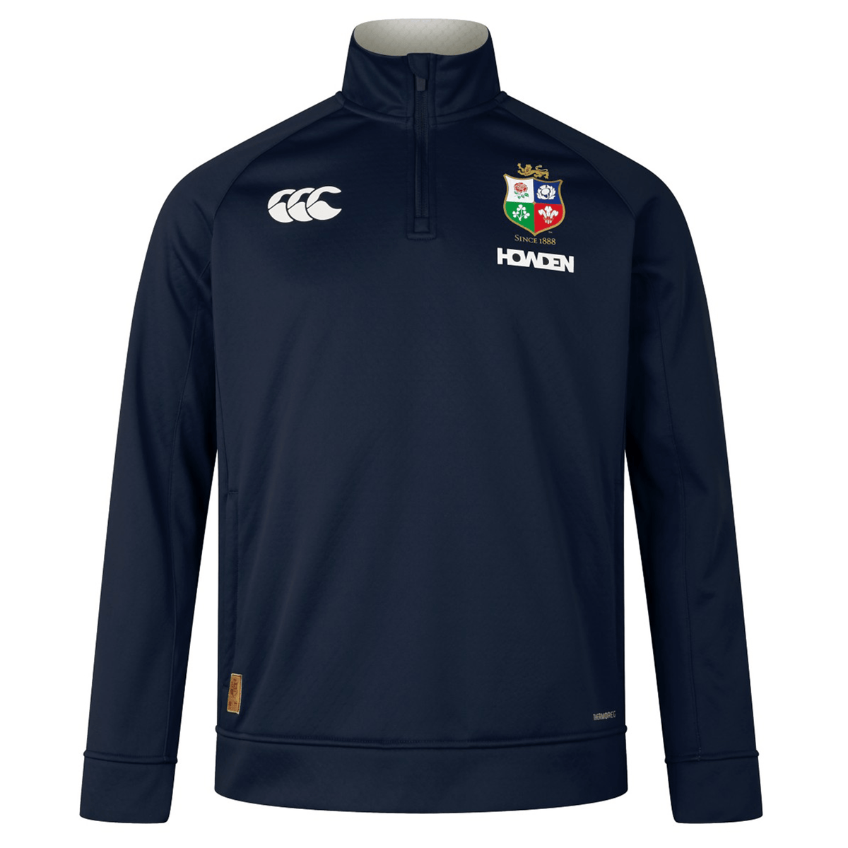 Navy blue 1/4 zip fleece by Canterbury with a high collar, featuring the Canterbury and Haden logos, and a multi-emblem crest on the chest inspired by the British &amp; Irish Lions.