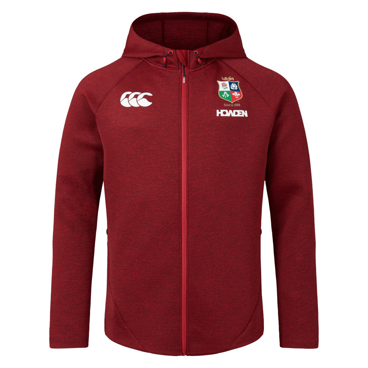 The British &amp; Irish Lions 2025 Everest Hoodie by Canterbury is a red hoodie featuring a zipper and white embroidered logos on the front.
