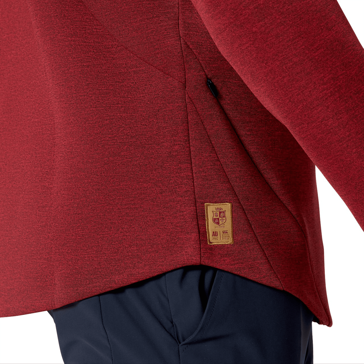 A person wearing the British &amp; Irish Lions 2025 Everest Hoodie by Canterbury, which features a small emblem on the side, paired with dark blue pants and standing against a white background.